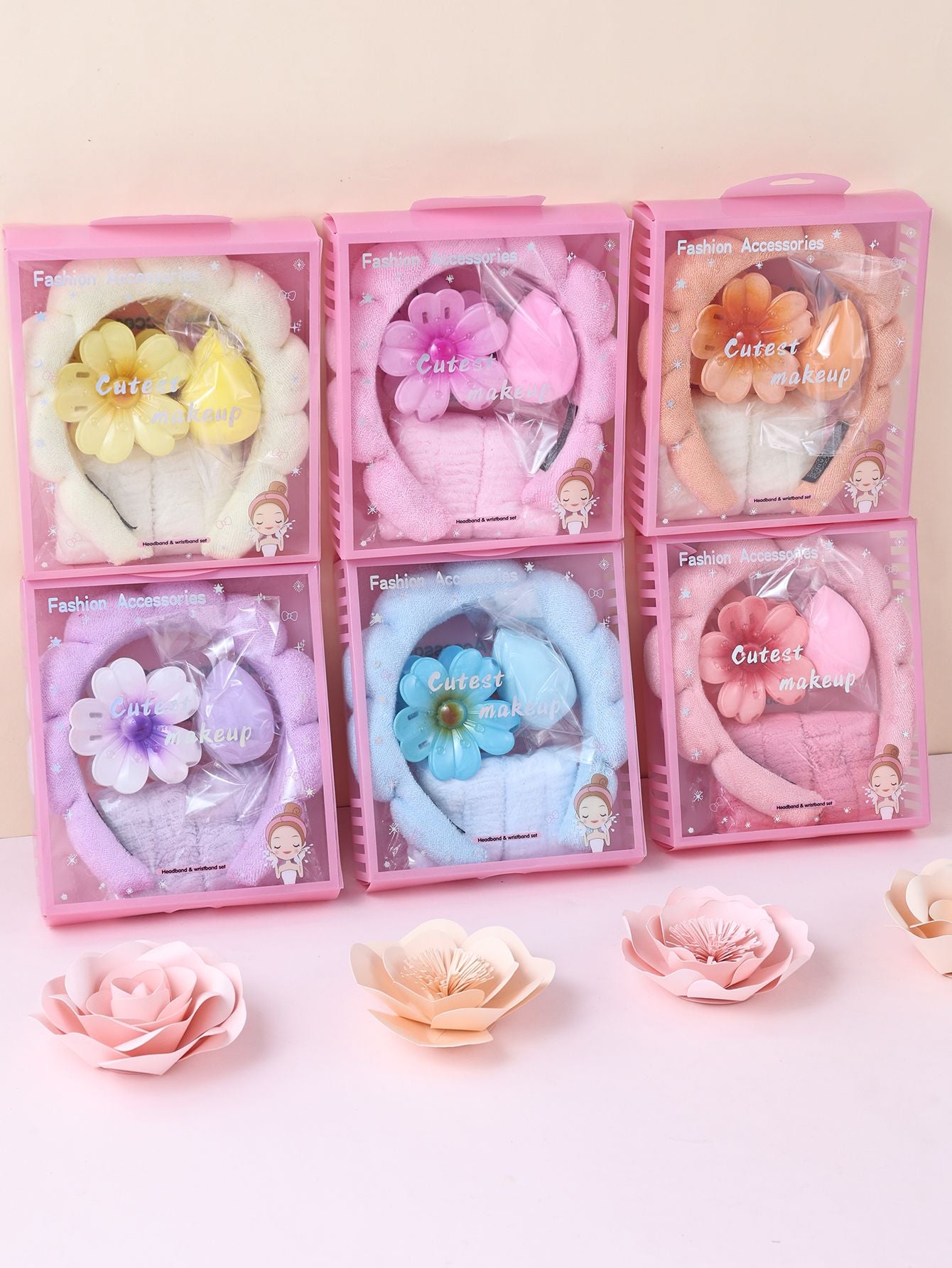 Kit 5 pçs tiara, presilha, esponja e pulseiras de toalha