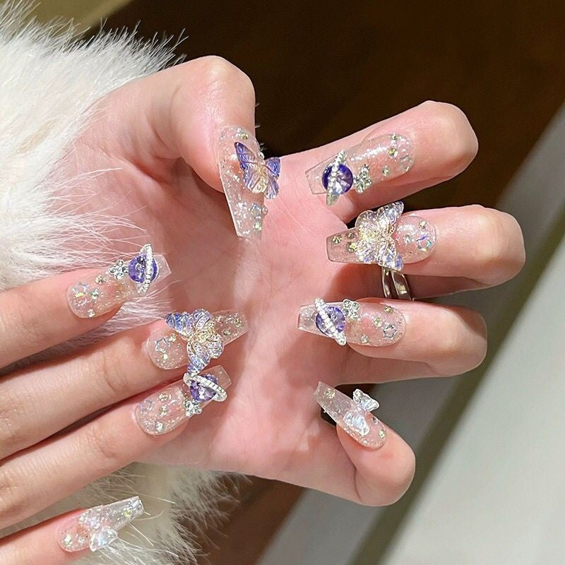 Unhas postiças artesanais Borboletas Roxas 10pçs