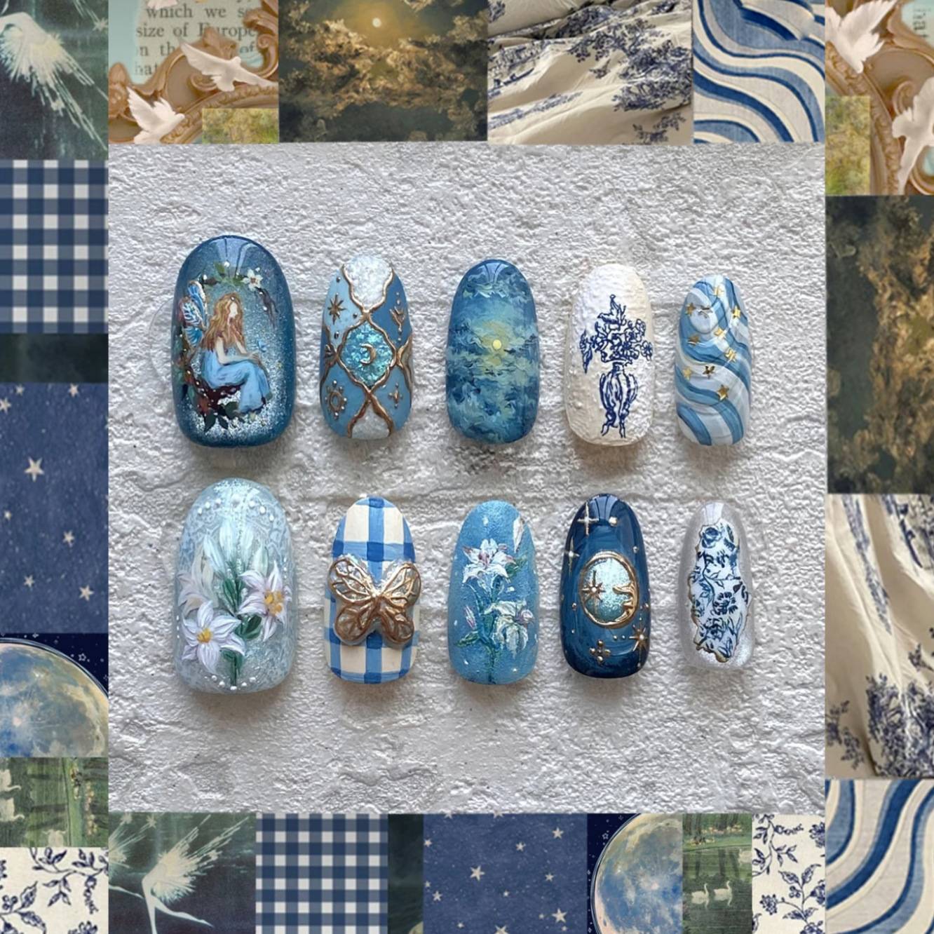 Unhas postiças artesanais Artes Rococó/Barroco/Renascentista 24pçs pintadas à mão