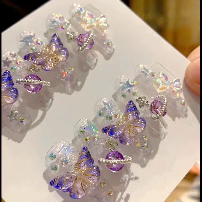 Unhas postiças artesanais Borboletas Roxas 10pçs