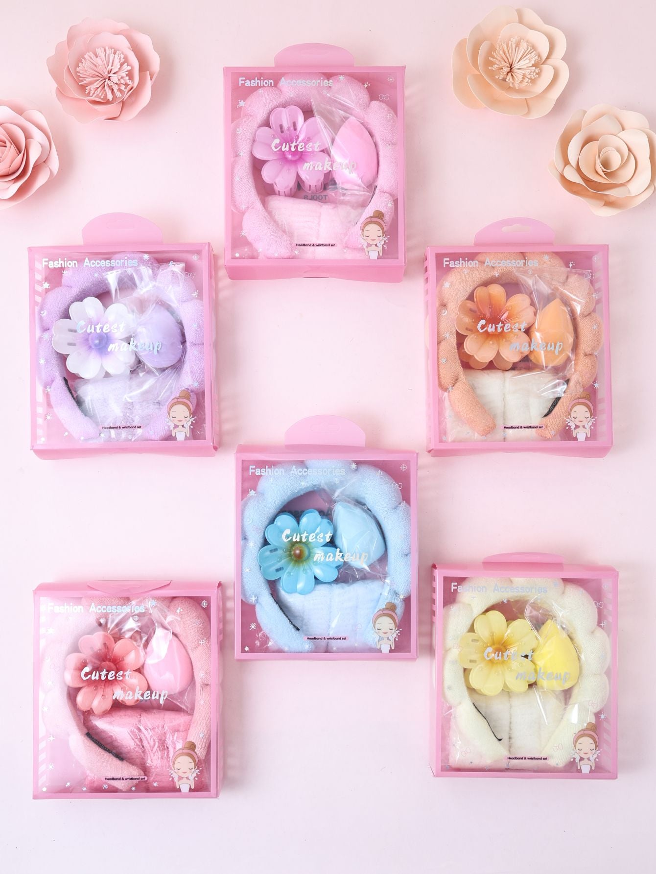 Kit 5 pçs tiara, presilha, esponja e pulseiras de toalha