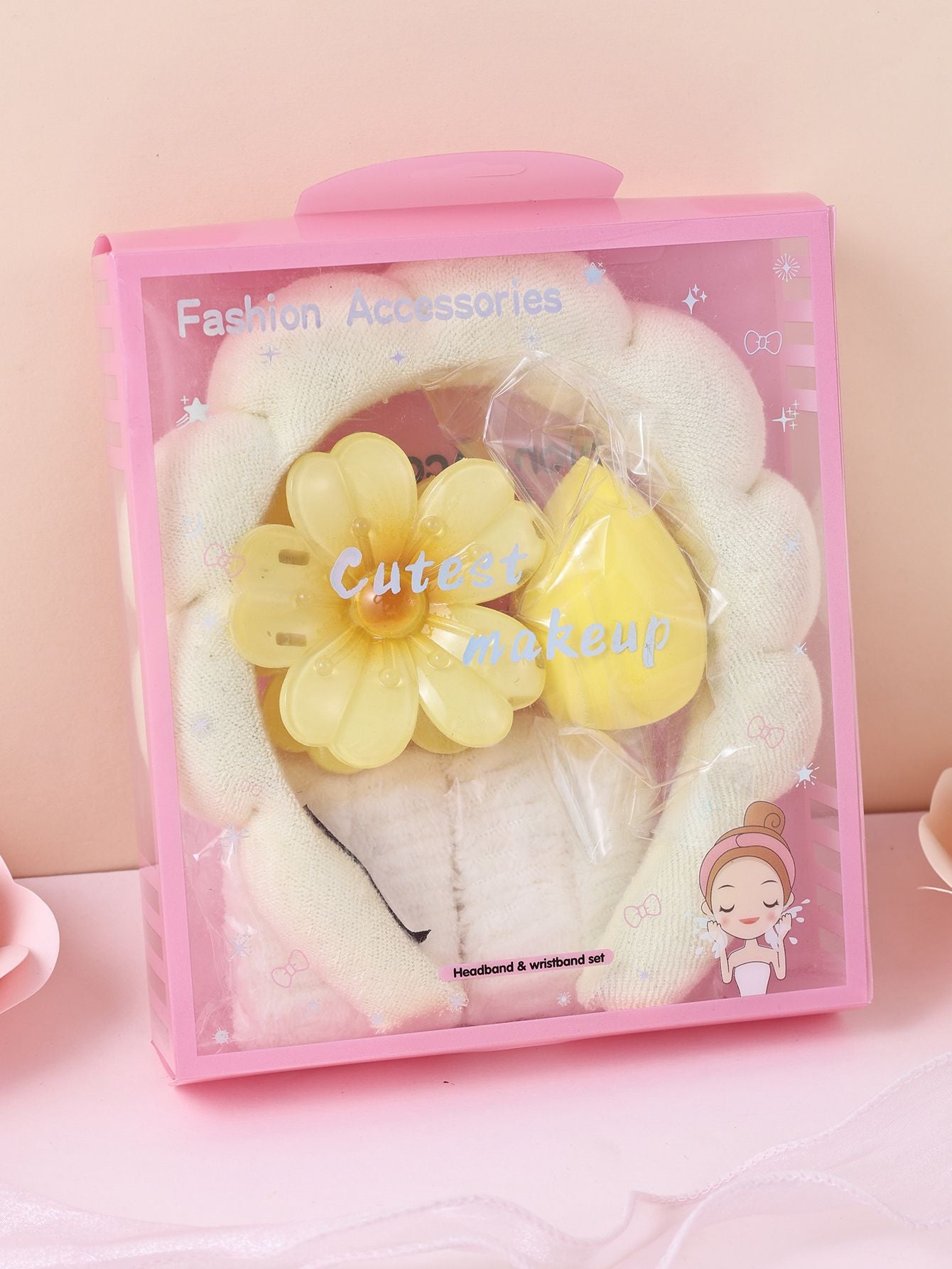 Kit 5 pçs tiara, presilha, esponja e pulseiras de toalha