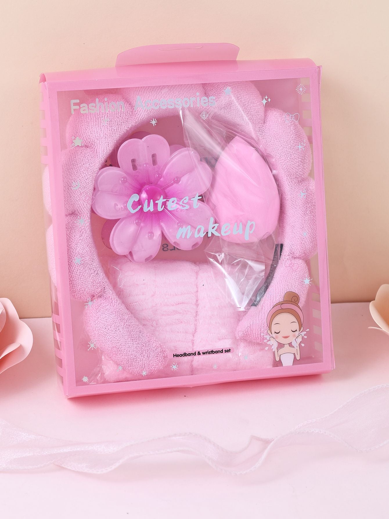 Kit 5 pçs tiara, presilha, esponja e pulseiras de toalha