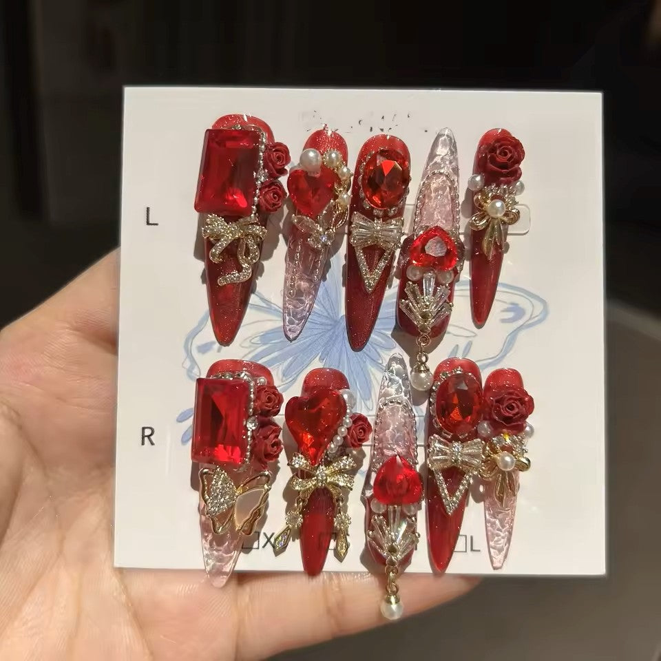 10 Unhas Postiças Artesanais de Alta Qualidade em Vermelho e Dourado