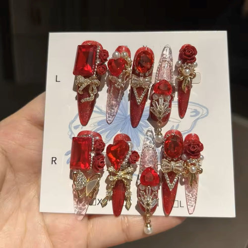 10 Unhas Postiças Artesanais de Alta Qualidade em Vermelho e Dourado