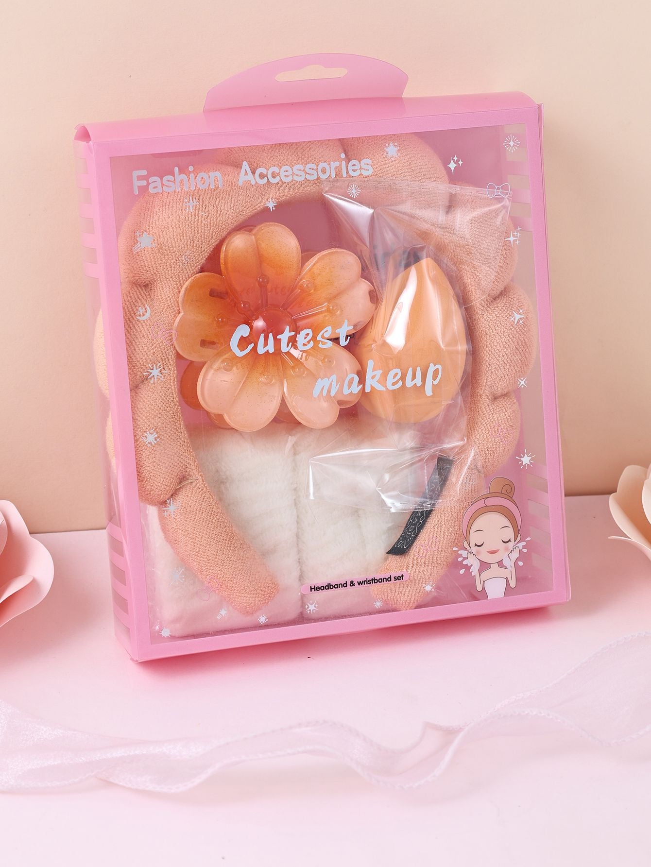 Kit 5 pçs tiara, presilha, esponja e pulseiras de toalha